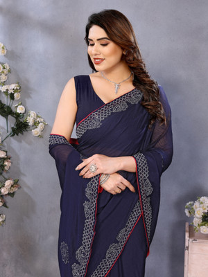 Sareeve Embellished, Embroidered, Dyed Bollywood Georgette, Chiffon Saree(Dark Blue)