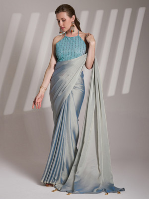 Kalista Embellished, Solid/Plain, Dyed Bollywood Chiffon Saree(Light Blue)
