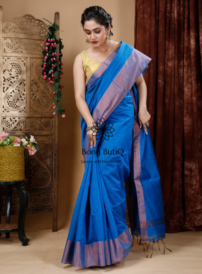 Bong ButiQ Solid/Plain Bollywood Handloom Cotton Blend Saree(Light Blue, Gold)
