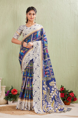 PremVastra Digital Print Kalamkari Mulmul Saree(Blue)