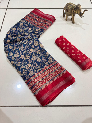 Chandan Fabrics Printed Kalamkari Mulmul Saree(Dark Blue)