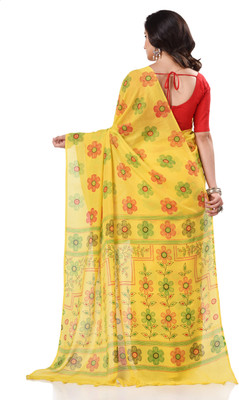 TANTLOOM Floral Print Handloom Handloom Pure Cotton Saree(Yellow)