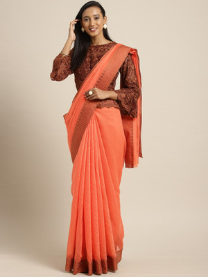 Saanjh Solid/Plain Saree with Attached Blouse Cotton Blend Saree(Red)