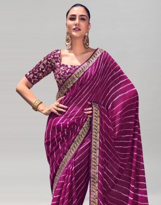 Siril Striped Bandhani Georgette Saree(Purple, Gold)