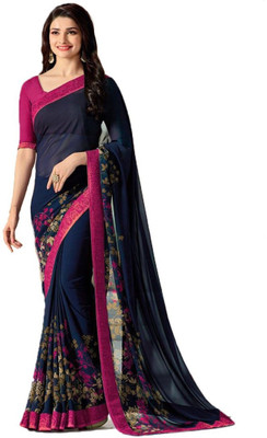SUPUJIT Printed, Digital Print, Floral Print Bollywood Georgette Saree(Blue)