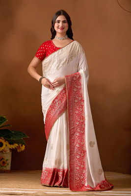 BHAGYAVATI DESIGNER Woven Banarasi Cotton Silk Saree(White, Red)