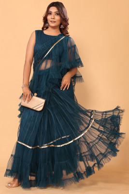 CHHELAJI Solid/Plain Bollywood Net Saree(Dark Blue)