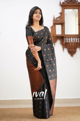 Pinky Fashion Floral Print Banarasi Cotton Silk Saree(Black)