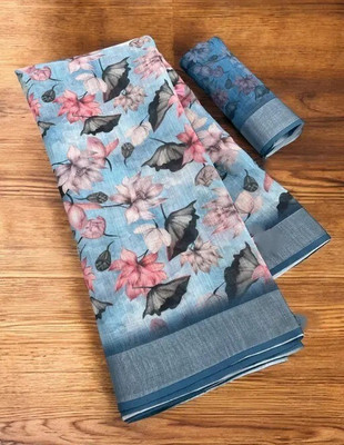 Grubstaker Digital Print Bollywood Linen Saree(Light Blue)