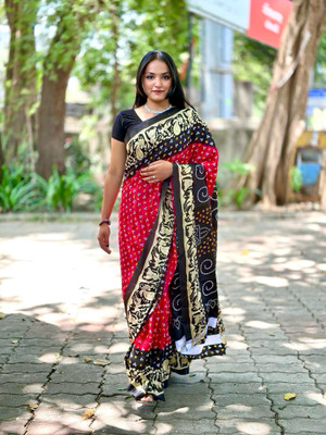 AVTC Animal Print Bandhani Crepe, Silk Blend Saree(Multicolor)