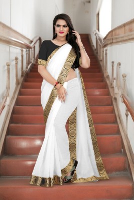 Volmina Solid/Plain Chanderi Cotton Blend Saree(White)