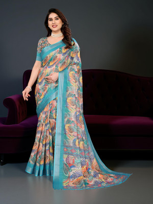 Myraani Printed Daily Wear Cotton Linen Saree(Multicolor)