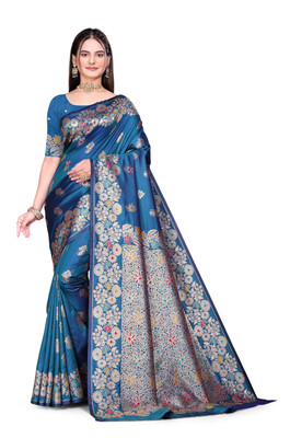 GHODTEXTILE Woven, Self Design, Floral Print, Temple Border Banarasi Pure Silk Saree(Light Blue)