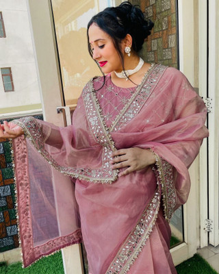 ShivGori Embroidered, Embellished Bollywood Tissue, Net Saree(Pink, Gold)