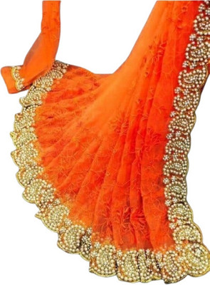 SkyFlock Embroidered, Embellished Bollywood Net Saree(Orange)