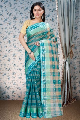 PuJoy Checkered, Woven Tant Pure Cotton Saree(Green)