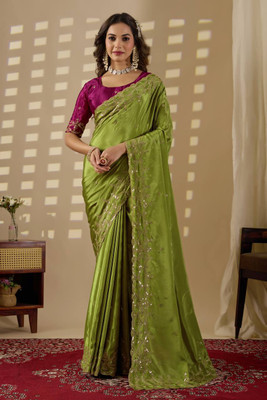 SILKORA Embroidered Bollywood Chiffon Saree(Green)