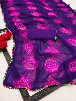 MUNCHKIINMODE Printed Bandhani Georgette, Chiffon Saree(Purple)