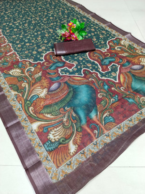 HouseOfCommon Woven Kanjivaram Pure Cotton, Cotton Linen Saree(Dark Green)
