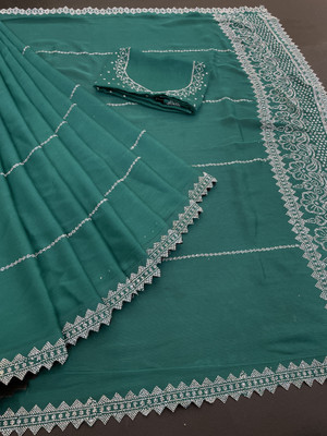 HouseOfCommon Embroidered Bollywood Pure Silk Saree(Dark Green)