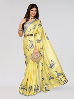 Nirvaan Printed Mysore Art Silk Saree(Yellow)