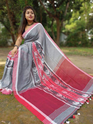 Anjali textile Woven Handloom Cotton Blend Saree(Grey)