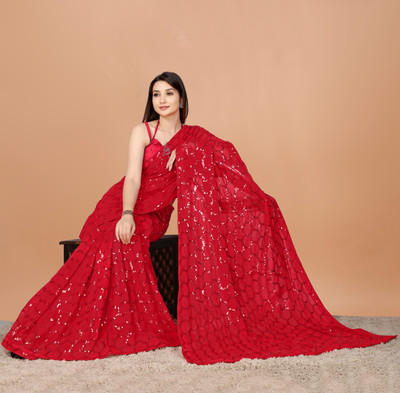 b bella creation Self Design Bollywood Georgette Saree(Red)