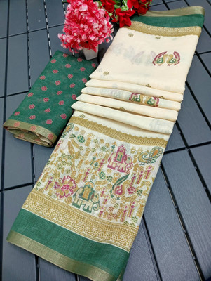 ASHTA Floral Print Kanjivaram Linen, Cotton Linen Saree(Green)