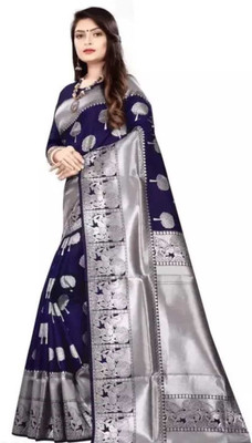 LEAFSY Self Design Banarasi Jacquard Saree(Blue)
