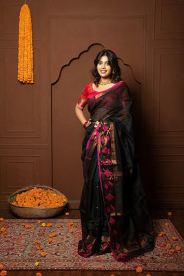ARDHANGINI DESIGNS Woven, Floral Print Handloom Cotton Silk Saree(Black, Pink)