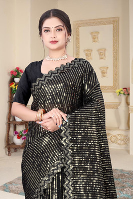 watay Embroidered Bollywood Georgette Saree(Black)