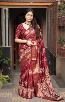 J6 Designers Printed Hand Batik Cotton Silk Saree(Maroon)