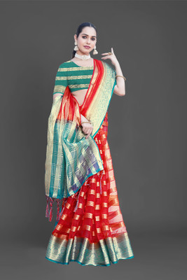 Aarunika BS Striped Bollywood Organza Saree(Red)