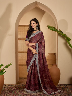 Vichitra Printed Bollywood Chiffon Saree(Maroon, Silver)