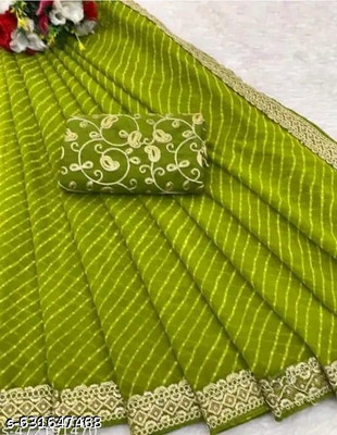kanish fashion Striped, Embroidered Leheria Georgette Saree(Green)