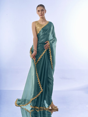 Kalista Embellished, Solid/Plain Bollywood Organza Saree(Blue)