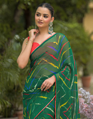 Samah Printed Bandhani Georgette, Chiffon Saree(Dark Green, Multicolor)