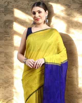 Desh Bidesh Color Block, Solid/Plain, Self Design, Woven Handloom Cotton Blend, Cotton Silk Saree(Yellow)