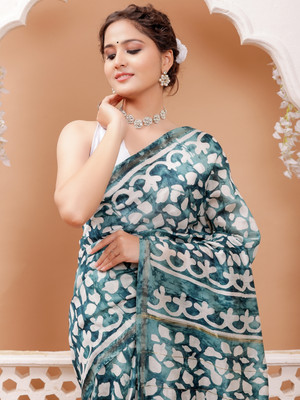 Taavi Blocked Printed Chanderi Cotton Blend Saree(Grey)