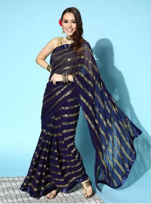 Bharodiya Enterprises Striped Daily Wear Georgette Saree(Blue)