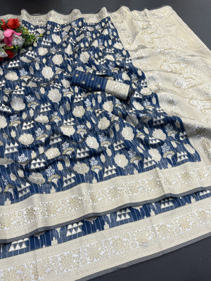 AAINA CREATION Printed Bollywood Tissue Saree(Blue)