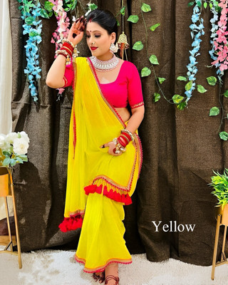 PACHHEDO FEB Dyed Bollywood Georgette Saree(Yellow)