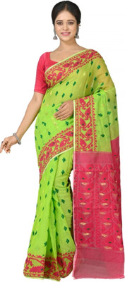 Revival Woven Jamdani Cotton Blend Saree(Green, Pink)