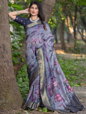 Sareemall Printed Chinnalapattu Viscose Rayon Saree(Grey)