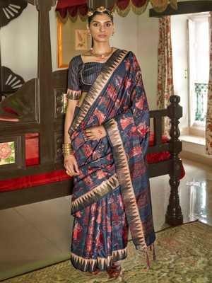 Sareemall Printed Madurai Silk Blend Saree(Dark Blue)
