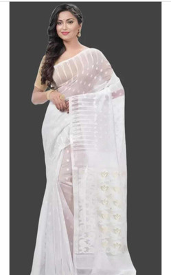 Soma Tant saree Mahal Self Design, Woven, Geometric Print Handloom Cotton Silk Saree(White)