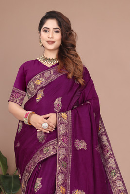 Bindi Woven, Self Design Banarasi Viscose Rayon Saree(Purple)