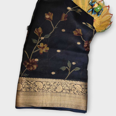 menitha Floral Print Banarasi Georgette Saree(Dark Blue)