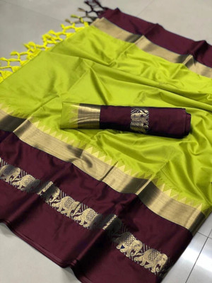 Shruti Bandhani Woven, Printed Dharmavaram Handloom Cotton Silk Saree(Green)