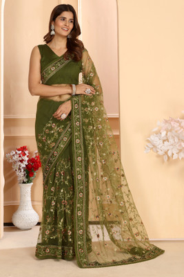 DWINIZAA STORE Embroidered Bollywood Net Saree(Green)